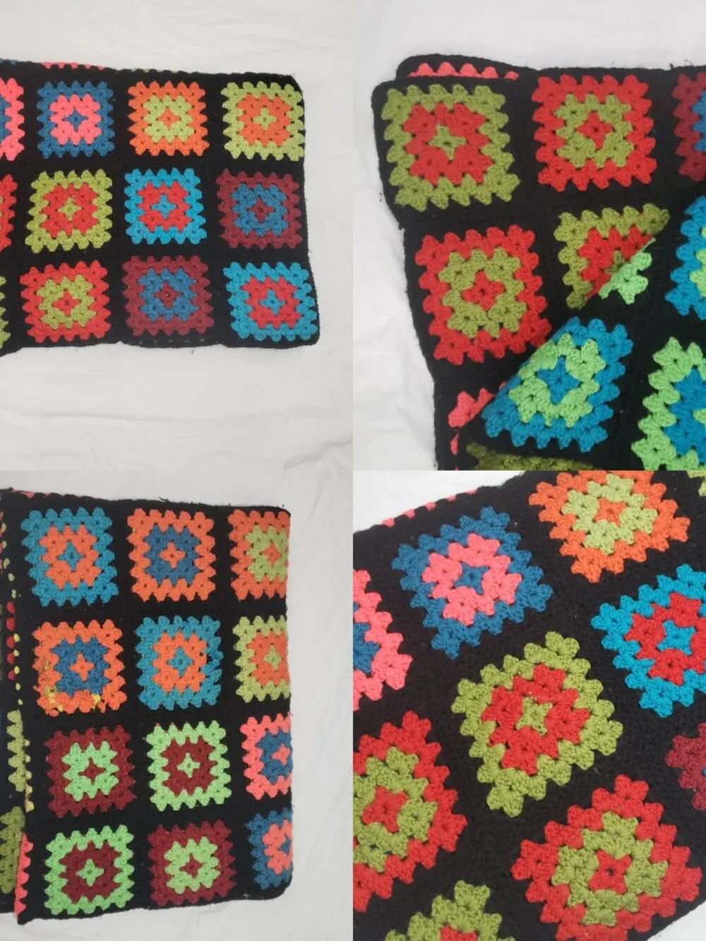 Vintage Granny Square Afghan Black Rainbow Crochet Blanket 56x90 Handmade Throw